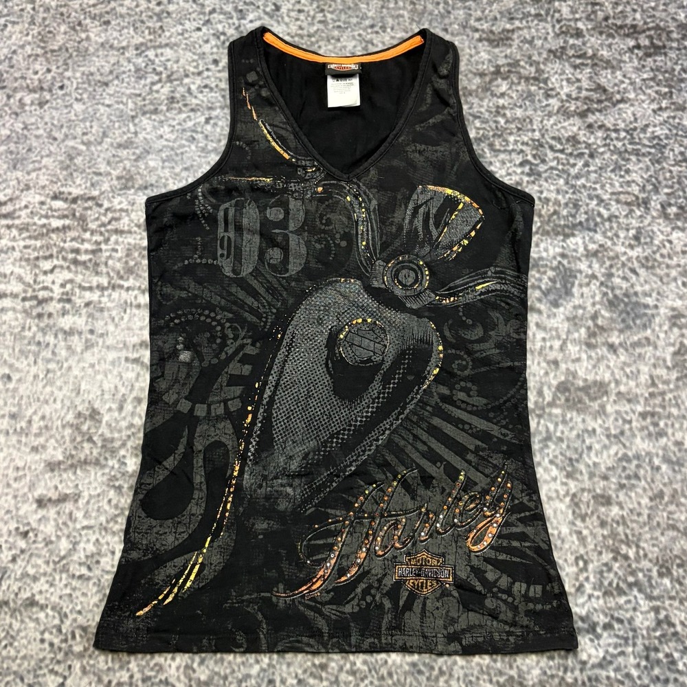 Harley Davidson Tank Top Womens Medium Black Rhinestones Motorcycle Biker Y2K